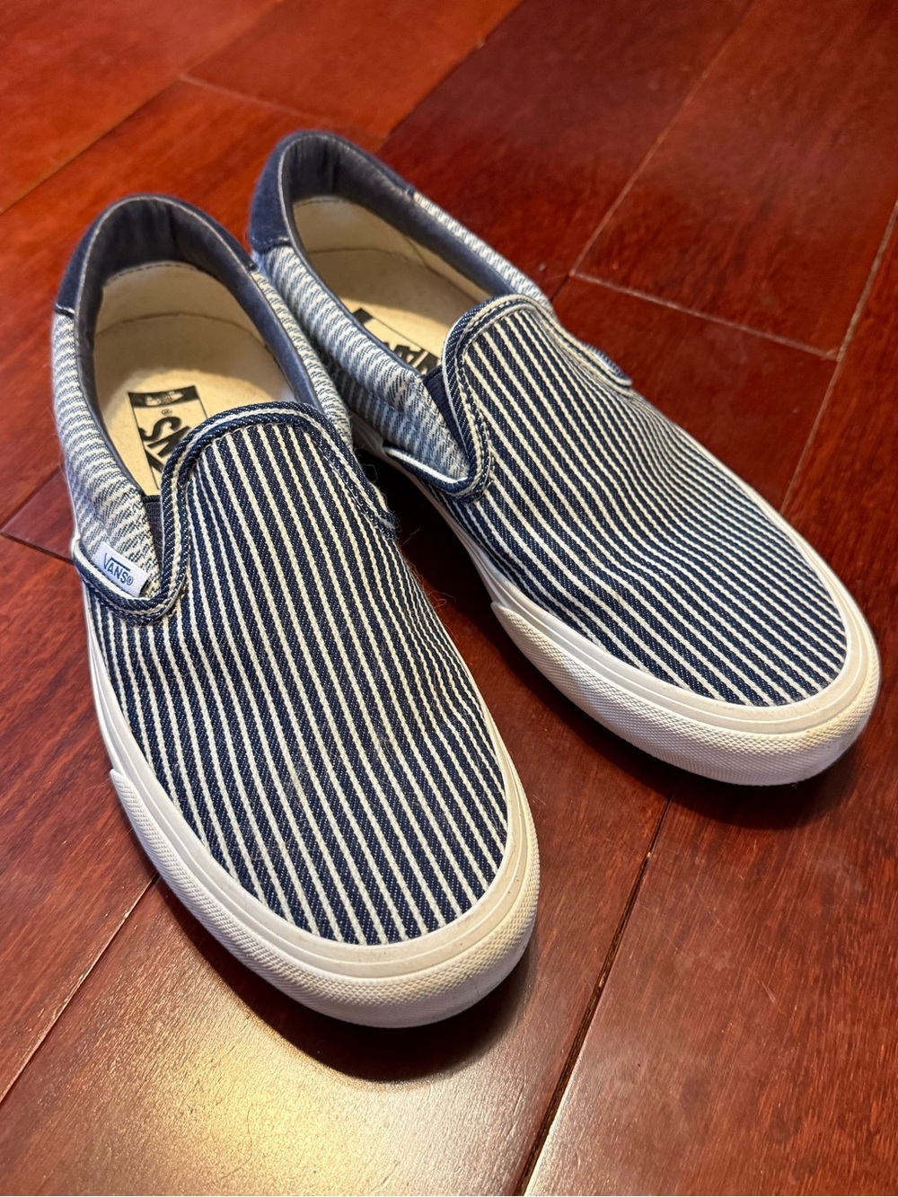 Vans Men’s Blue and White Striped Slip-On Loafers
